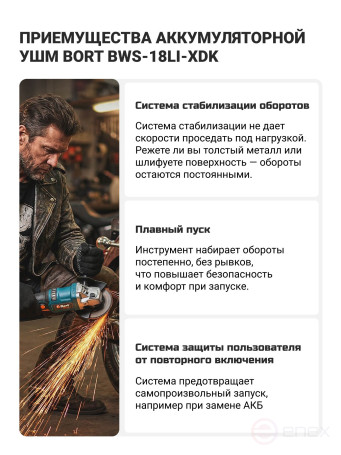 Машина шлифовальная угловая аккумуляторная BORT BWS-18Li-XDK