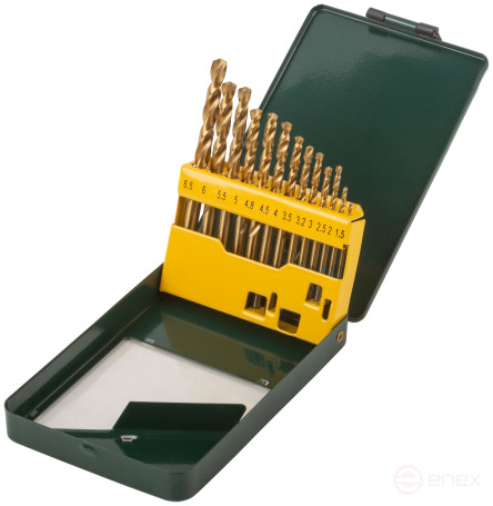 HSS metal drill set, titanium coating, 13 pieces (1.5-6.5 mm), metal box