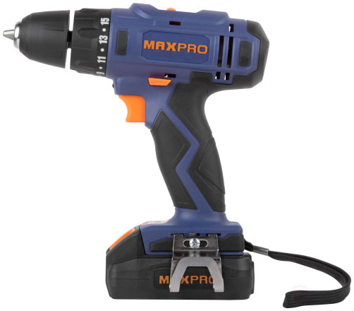 MAX-PRO Cordless Screwdriver 14.4 V; 0-350/0-1250 rpm; 10 mm; 28 Nm; 2 batteries (Li-Ion) x1.5 Ah; 15+1; 1 hour; speed control; rubber