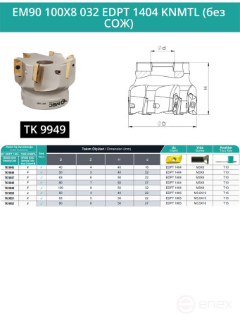 100 mm end milling cutter, 32 mm fit, 8 teeth EM90 100X8 032 EDPT 1404 KNMTL (without coolant) for KENNAMETAL plate