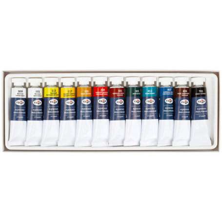 Studio oil paints, 10 colors + 2 white, 9ml tube, cardboard. packaging