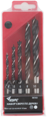 Set of wood drills, plastic box, 5 pcs.(4-5-6-8-10 mm)