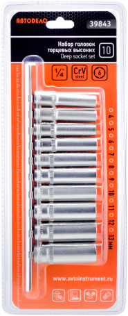 Набор головок высоких 10пр (DR1/4"; 4-13мм; планка) (АвтоDело) 39843