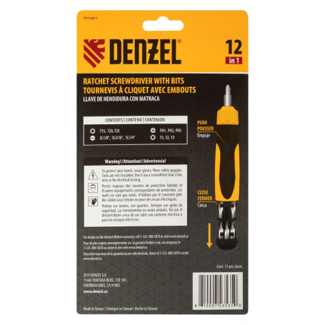 Reversible screwdriver, SmartPush mechanism 12 pcs, S2 // Denzel