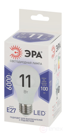 Лампа светодиодная ЭРА STD LED A60-11W-860-E27 11Вт груша холодный дневной свет Е27