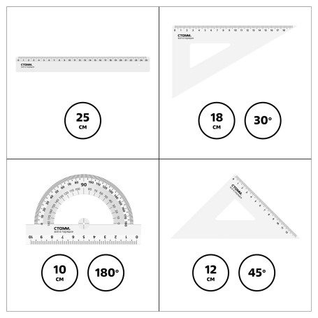 Drawing stamp set, size L (ruler 25cm, 2 triangles, protractor), transparent, colorless, European weight