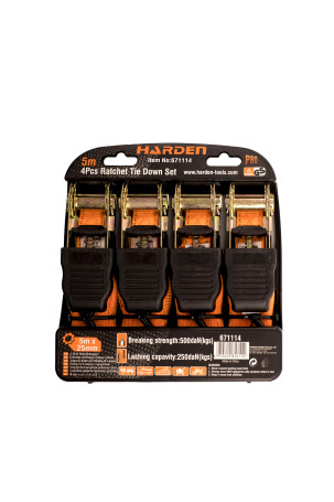 Straps for securing cargo 4 pcs. with hooks and ratchet mechanism 25mm x 5M, 250kg. // HARDEN