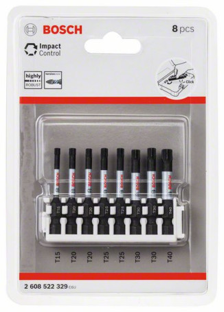 Set of 8 bits for Impact Control screwdriver, 1 pc. T15, 2 pcs. T20, 2 pcs. T25, 2 pcs. T30, 1 pc. T40, 2608522329