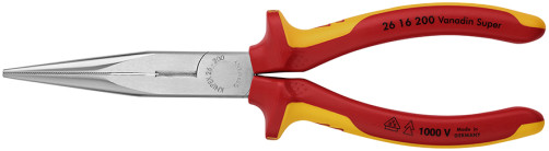Long pliers with dir. edge. VDE, semicircle. straight. sponges, cut: provol. cf. Ø 3.2 mm, solid. Ø 2.2 mm, L-200 mm, chrome, 2-k handles