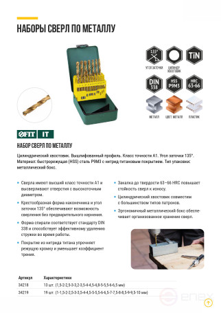 Набор сверл HSS по металлу, титановое покрытие, 19 шт. (1-10 мм), металлический бокс