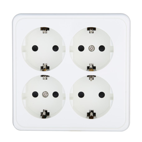 Four-place socket for an open installation with grounding contacts and protective shutters, (white), Standard