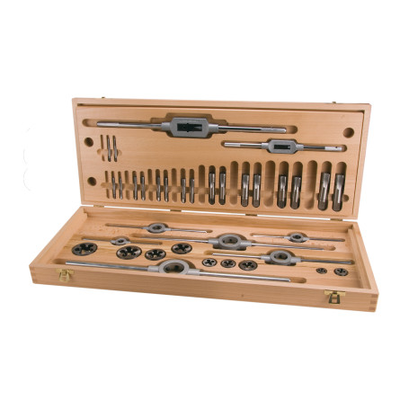 Set of taps and HSS dies in a wooden case, 35 items