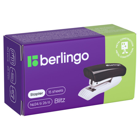 Mini stapler No.24/6 Berlingo "Blitz" up to 15 liters, plastic case, black