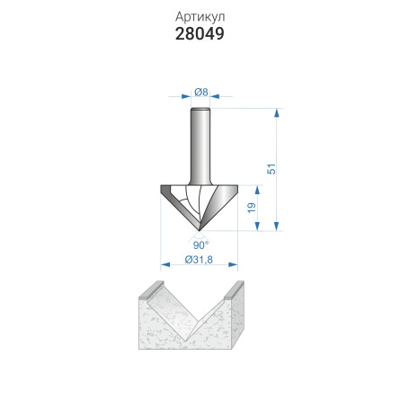 Grooved galtel milling cutter V-obr 90° f31,8mm, xb 8mm