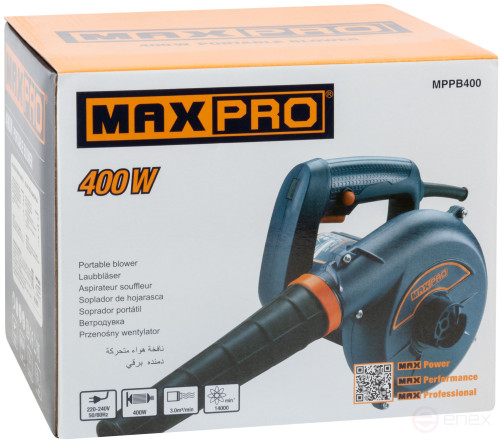 MAX-PRO Воздуходувка-пылесос 400 Вт; 14000 об/мин; 3000 л/мин; 1,5 кг; дополнительные щетки; коробка