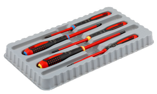 A set of insulated ERGO screwdrivers with a thin rod for screws with a slot and Pozidriv, 5 pcs
