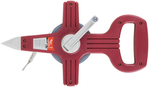 Geodetic tape measure, steel tape, red open plastic case 50 m