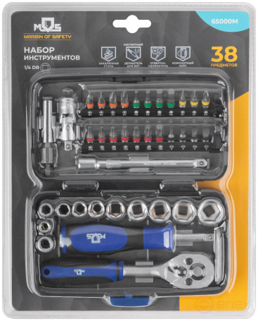 Мини-набор инструмента (биты, головки, вороток, удлинитель), 38 шт., пластиковый кейс
