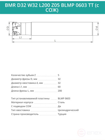 Концевая фреза корпусная 32 мм, 5 зубьев, L 200 мм / BMR D32 W32 L200 Z05 BLMP 0603 TT (с СОЖ)
