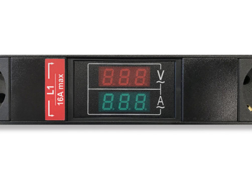 SHE-24SH-BAV-CB Socket block, vertical, 24 Schuko sockets, circuit breaker, Ammeter/voltmeter, without power cable, terminal block 32A, 250V, 1863x44.5x44.5mm (LxWxH), housing steel, black