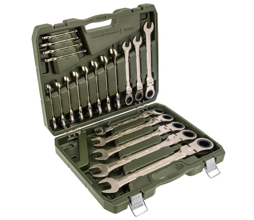 Набор ключей комбинированных трещоточных шарнирных 20 шт., кейс пластик