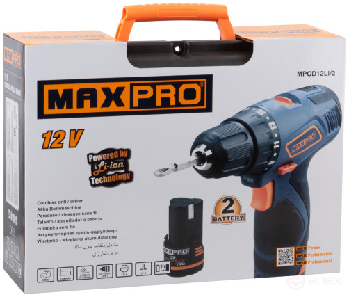 MAX-PRO Cordless Drill-Screwdriver 12V; 0-350/0-1100rpm; 10mm; 30Nm; 2 batteries (SAMSUNG Li-Ion)x1.5Ah; 17+1; 1h.; speed control; rubber