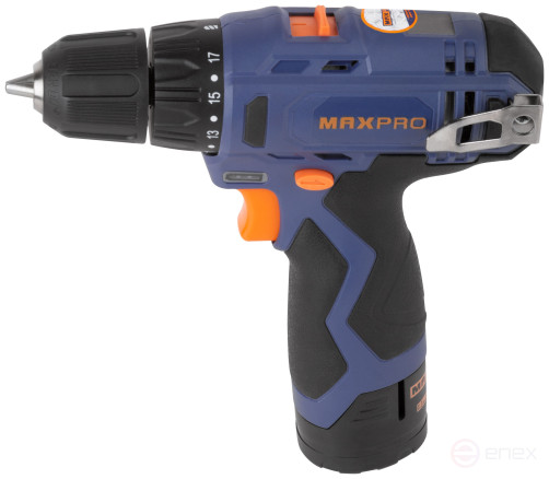 MAX-PRO Дрель-Шуруповерт аккумуляторная 12 В; 0-350/0-1300 об/мин; 10 мм; 26 Нм; 2 батареи (Li-Ion) х1,3 Ач; 17+1; 1 ч.; регулировка оборотов; резинов