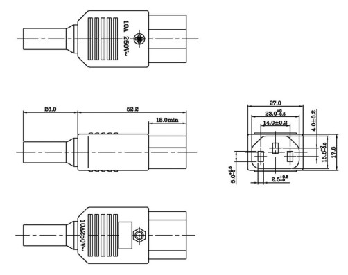 CON-IEC320C13 Connector IEC 60320 C13 220V 10A on cable (flat contacts inside the connector), straight
