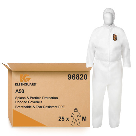 KleenGuard® A50 Breathable jumpsuit for protection against splashes of liquids and solid particles - Hooded / White /M (25 overalls)