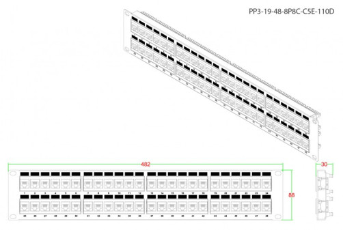PP3-19-48-8P8C-C5E-110D Патч-панель 19", 2U, 48 портов RJ-45, категория 5e, Dual IDC, ROHS, цвет черный