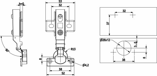 Петля мини накладная с доводчиком 38мм h0 несъемная планка AKS