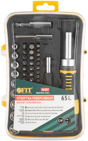 Отвертки реверсивная и для точных работ, набор 65 шт., пластиковый прорезиненный кейс