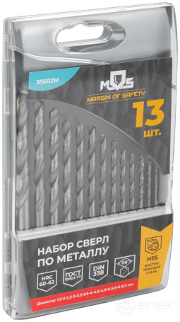 Набор сверл по металлу HSS, угол заточки 118°, пласт. кейс, 13 шт. (1.5-2.0-2.5-3-3.2-3.5-4-4.5-4.8-5-5.5-6-6.5 мм)