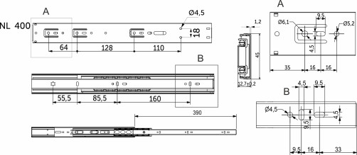 Направляющая шариковая L-400 h=45 AKS PLUS SOFT CLOSE