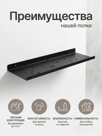 Полка настенная прямая черная, металлическая 60х15 см, 1 шт.