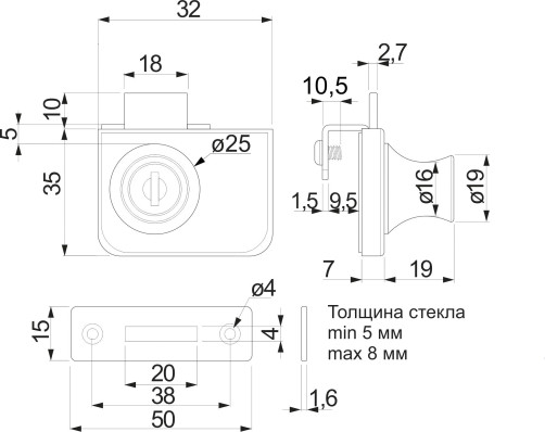 Lock for glass swing door mechanical 407 AKS