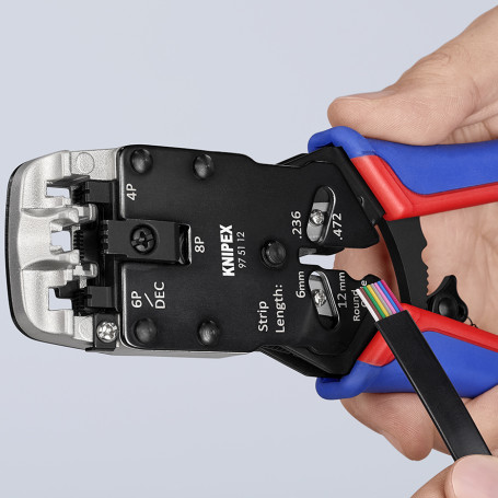 Press pliers for RJ type plugs, number of sockets:3, RJ 10 (4-pin), RJ 11/12 (6-pin), RJ 45 (8-pin), L-200 mm, black, 2-K handles