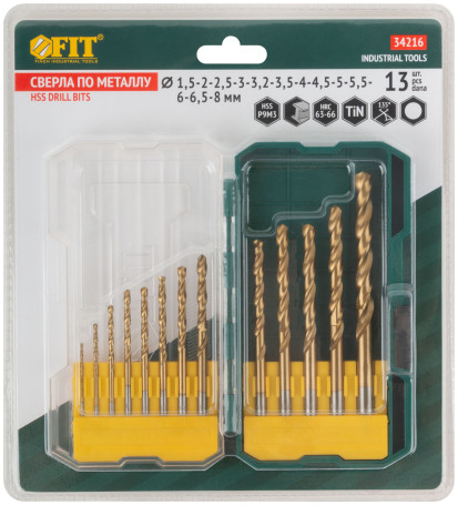 Набор сверл HSS по металлу, титановое покрытие, 13 шт. (1,5-2-2,5-3-3,2-3,5-4-4,5-5-5,5-6-6,5-8 мм)