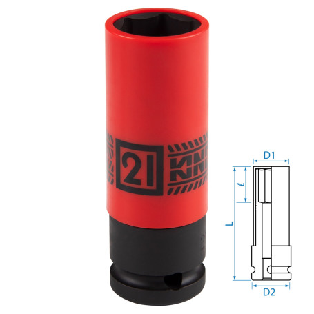 Deep impact socket 1/2", 21 mm, thin-walled, plastic protection KING TONY 494521M