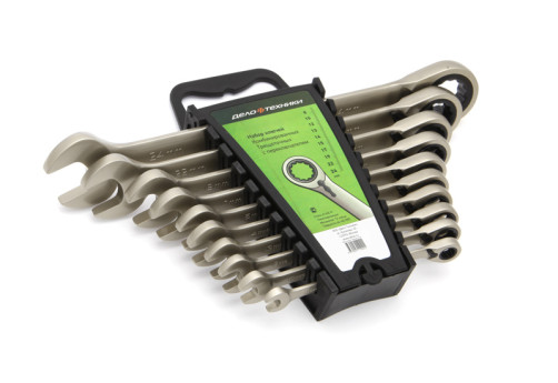 Набор ключей комбинированных трещоточных с переключателем (8,10,12,13,14,15,17,19,22,24 мм) 10 шт., пластик. холдер