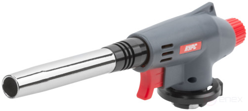 Gas burner with piezo ignition, vortex, elongated barrel