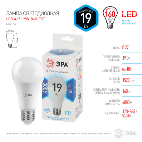 LED lamp ERA STD LED A65-19W-840-E27 19W bulb Neutral white light E27