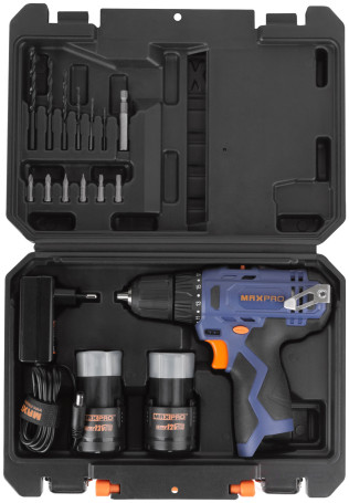 MAX-PRO Дрель-Шуруповерт аккумуляторная 12 В; 0-350/0-1300 об/мин; 10 мм; 26 Нм; 2 батареи (Li-Ion) х1,3 Ач; 17+1; 1 ч.; регулировка оборотов; резинов