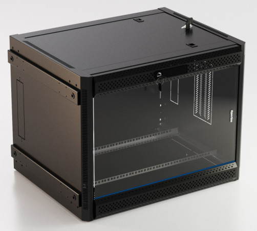 TWB-FC-1566-GP-RAL9004 Wall cabinet 19-inch (19"), 15U, 787x600x600mm, glass door with perforation on the sides, handle with lock, with the possibility of mounting on legs (included), color black (RAL 9004) (disassembled)