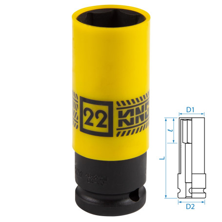 Deep impact socket 1/2", 22 mm, thin-walled, plastic protection KING TONY 494522M