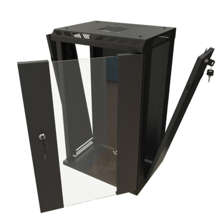 TDB-6U-GP-RAL9004 Wall cabinet 10", 6U, 366.5x390x300, set size 254 mm, with glass door, opening walls, possibility of installing a fan, color black (RAL 9004) (assembled)