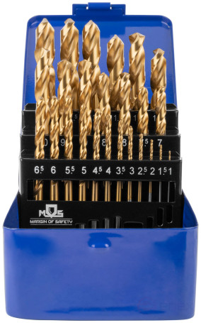 Set of HSS metal drills, ground, titanium coating, sharpening angle 135°, met.box, 25 pcs. (1-13 mm, through 0.5 mm)