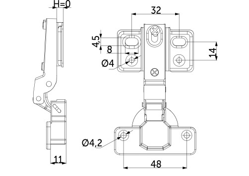Петля полунакладная с доводчиком 48мм h0 несъемная планка (4 отверстия) AKS LIGHT