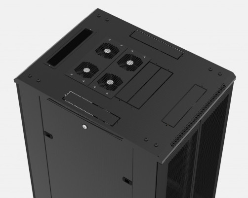 TTB-3261-AS-RAL9004 Шкаф напольный 19-дюймовый, 32U, 1610х600х1000 мм (ВхШхГ), передняя стеклянная дверь со стальными перфорированными боковинами, задняя дверь сплошная, ручка с замком, крыша нового типа, цвет черный (RAL 9004) (разобранный)