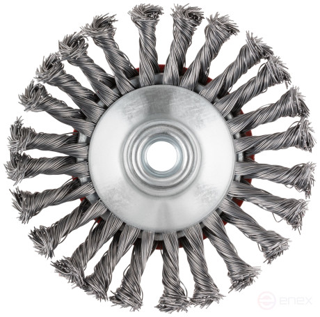Корщетка-колесо с наклоном, гайка М14, стальная витая проволока 100 мм, блистер
